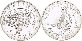 ЧЕХИЯ 200 КРОН 1999 200 ЛЕТ ПРАЖСКОЙ АКАДЕМИИ ИЗОБРАЗИТЕЛЬНЫХ ИССКУСТВ (1799-1999), ДИАМЕТР 31 ММ., ВЕС 13 ГР., ПРОБА 900, ТИРАЖ 14137 ЭКЗ. KM 35 серебро UNC 1084-10-31
