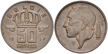 Бельгия 50 сантимов 1957 Belgie, Бодуэн I (1951-1993) KM 149.1 бронза 4588-469