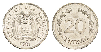 Эквадор 20 сентаво 1981 KM 77.2a сталь плакированная никелем UNC 4640-1241