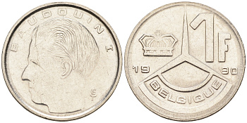 БЕЛЬГИЯ 1 ФРАНК 1990 BELGIQUE KM 170 железо плакированное никелем 4588-513