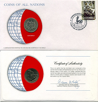 Гватемала 25 сентаво 1979 монета в конверте с маркой и спецгашением KM 278.1 медно-никель UNC 4294-31-1