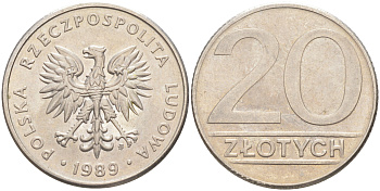 ПОЛЬША 20 ЗЛОТЫХ 1989 MW KM 153.2 медно-никель 106-656