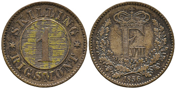 ДАНИЯ 1 СКИЛЛИНГ 1856 ФРЕДЕРИК VII (1848-1863) KM 763 (C135) бронза 67-221