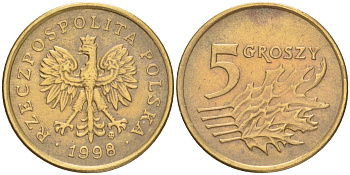 Польша 5 грошей 1998 MW KM 278, Parchimowicz 703e латунь 4516-1235