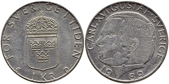 Швеция 1 крона 1989 Карл XVI Густав (1973- ) KM 852a медно-никель 4397-1251