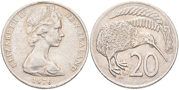 Новая Зеландия 20 центов 1976 Елизавета II (1952-2022), птичка киви KM 36 медно-никель 4132-1034