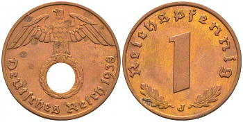 ГЕРМАНИЯ 1 РЕЙХСПФЕННИГ 1938 J KM 89 J 361 бронза 3718-167