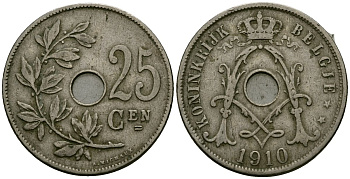 Бельгия 25 сантимов 1910 Belgie KM 69 медно-никель 4165-644
