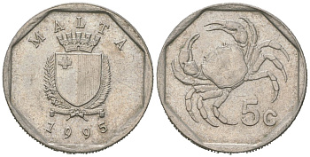 Мальта 5 центов 1995 краб KM 95 медно-никель 192-433