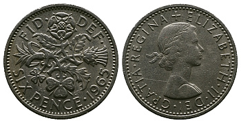 Великобритания 6 пенсов 1965 Елизавета II (1952-2022) KM 903, Spink 4149 медно-никель 4381-833