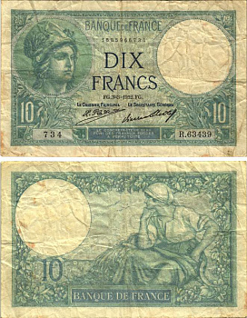 ФРАНЦИЯ 10 ФРАНКОВ 1932 3 МАРТА 1932, МИНЕРВА Pick 73d бумага F-VF 8589-35-1-1