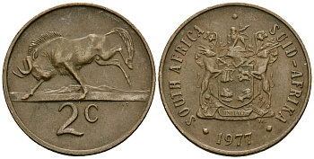 ЮАР 2 цента 1977 герб, антилопа гну KM 83 бронза 4138-526