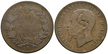 ИТАЛИЯ 10 ЧЕНТЕЗИМО 1866 N, ВИКТОР ЭММАНУИЛ II (1861-1878) KM 11.4 медь 4381-146
