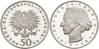 Польша 50 злотых 1974 MW, Фредерик Шопен (1810-1846) KM 66, Parchimowicz 256b серебро PROOF 00-000-00