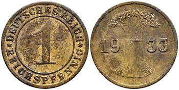ГЕРМАНИЯ 1 РЕЙХСПФЕННИГ 1933 A KM 37, J 313 бронза 4396-254