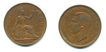 Великобритания 1 пенни 1938 Георг VI (1936-1952) KM 845, Spink 4114 бронза 540-633