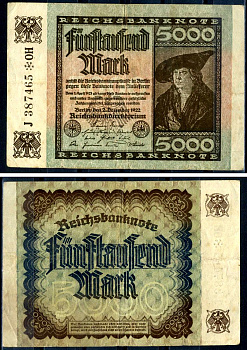 Германия 5000 марок 1922 2 декабря 1922, водяной знак G, серия OH, буква J, номер шестизначный Pick 81 b (2) бумага 8589-30-2-1