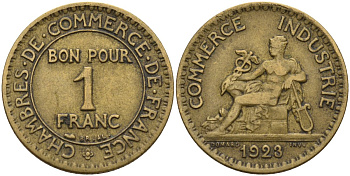 Франция 1 франк 1923 KM 876, Le Franc 218.5 алюминиевая бронза 4142-655