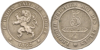 Бельгия 5 сантимов 1862 BELGES KM 21 медно-никель 4585-743