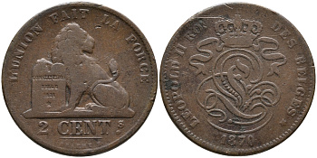 БЕЛЬГИЯ 2 САНТИМА 1870 BELGES KM 35.1 медь 4397-546