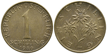 Австрия 1 шиллинг 1980 KM 2886 алюминиевая бронза 36-445