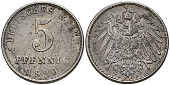 Германия 5 пфеннигов 1920 A KM 19, J. 297 железо 4151-629