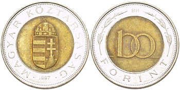 ВЕНГРИЯ 100 ФОРИНТОВ 1997 СОКОЛ БАЛОБАН KM 721 биметалл 4523-534