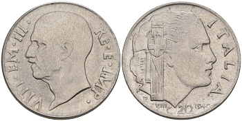 ИТАЛИЯ 20 ЧЕНТЕЗИМО 1940 R, ГОД XVIII, ВИКТОР ЭММАНУИЛ III (1900-1946), МАГНИТНАЯ, ГУРТ РИФЛЁНЫЙ KM 75b, VEM3. 1025 нержавеющая сталь 3853-453