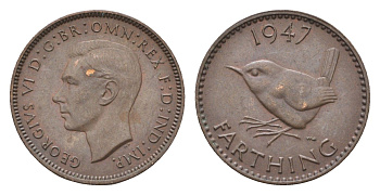 Великобритания 1 фартинг 1947 Георг VI (1936-1952) KM 843, Spink 4116 бронза 4664-353