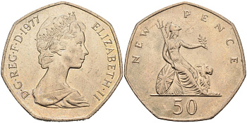 Великобритания 50 пенсов 1977 Елизавета II (1952-2022) KM 913, Spink 4223 (H1) медно-никель aUNC 88-535