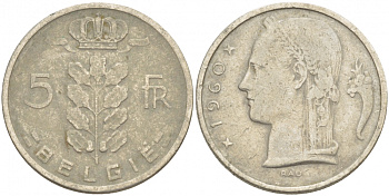 Бельгия 5 франков 1960 Belgie, Бодуэн I (1951-1993) KM 135.1 медно-никель 4539-851