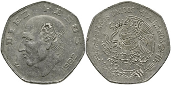 МЕКСИКА 10 ПЕСО 1982 МАНУЭЛЬ ХИДАЛЬГО КАСТИЛЬЯ KM 477.2 медно-никель 114-1023