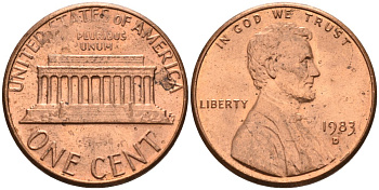 США 1 цент 1983 D, Линкольн KM 201b цинк плакированный медью 4580-418