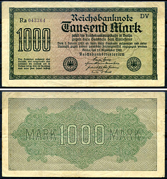 Германия 1000 марок 1922 выпуск 15 сентября 1922, водяной знак D, белая бумага, серия DV, буква Ra Pick 76 d (2) бумага 8592-9-2-1