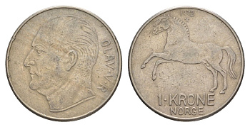Норвегия 1 крона 1972 Улаф V (1957-1991), лошадь KM 409 медно-никель 4635-655