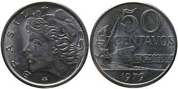 Бразилия 50 сентаво 1979 голова свободы влево KM 580b, Schon 85b нержавеющая сталь aUNC 4577-1233