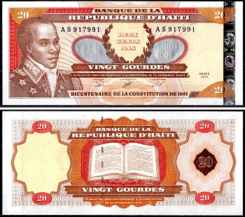Гаити 20 гурд 2001 Лидер революции на Гаити Франсуа-Доминик Туссен Овертур (20 мая 1743 - 8 апреля 1803) Pick 271A b бумага UNC (пресс) 402-47-2-1