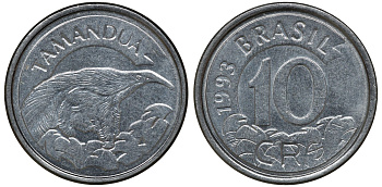 Бразилия 10 крузейро реал 1993 муравьед KM 628 нержавеющая сталь aUNC 72-1733