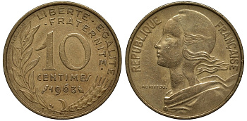 Франция 10 сантимов 1963 тип Marianne KM 929, Le Franc 144.3 медь алюминий никель 186-853