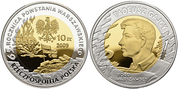 Польша 10 злотых 2009 MW, 65 лет Варшавскому восстанию, Тадеуш Гайцы, позолота KM 688 серебро, биметалл PROOF 1096-5-22