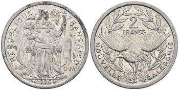 Французская Новая Каледония 2 франка 1996 птица кагу, (IEOM) KM 14, Schoen 11, Lec 68a алюминий    23-1014
