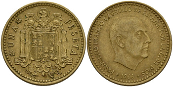 Испания 5 песет 1966 (74) Франсиско Франко (1939 - 1975) KM 796 алюминиевая бронза 4154-956