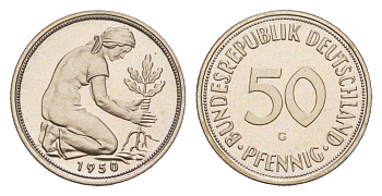 ФРГ 50 пфеннигов 1950 G, тираж 1.800 экземпляров KM 109, J. 384 медно-никель PROOF 11-131-12