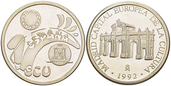 Испания 1 экю 1992 Мадрид - столица европейской культуры X M8 серебро  PROOF   1080-9-65