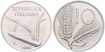 ИТАЛИЯ 10 ЛИР 1986 R, КОЛОСЬЯ, ПЛУГ KM 93 алюминий UNC 4551-236