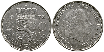 Нидерланды 2 1/2 гульдена 1972 Юлиана (1948-1980) KM 191 никель 221-113