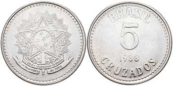 Бразилия 5 крузадо 1988 реформа 1986-1989 KM 606 нержавеющая сталь 219-825