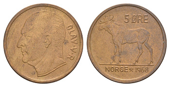 Норвегия 5 эре 1968 Улаф V (1957-1991) KM 405 бронза 4635-615