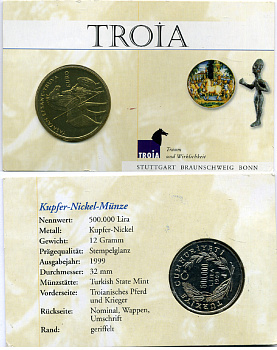 Турция 500000 лир 1999 Троя, троянский конь, в оригинальном картонном буклете, тираж 6230 экземпляров KM 1081 медно-никель  UNC  3-6-3-45