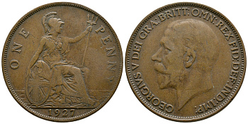 Великобритания 1 пенни 1927 Георг V (1910-1936) КМ 826, Spink 4054 бронза 37-525